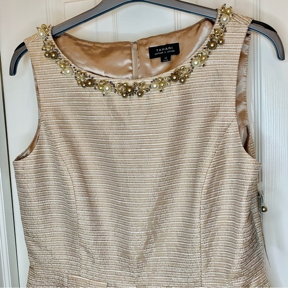 Tahari Sharon Fit & Flare Beaded Cocktail Dress 12 NWT Taupe Beige Party Classy - Picture 3 of 15
